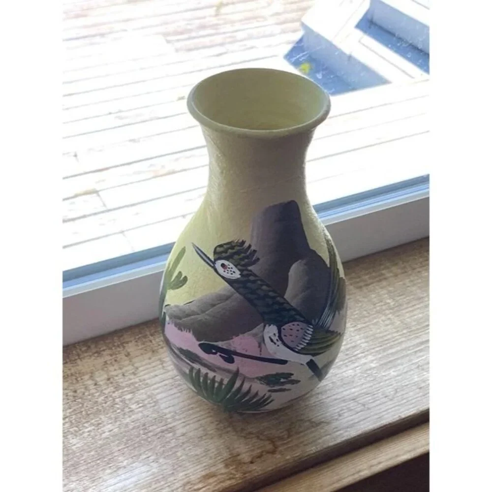 2007 Southwestern Roadrunner Cactus Painted Yellow Vase Signed